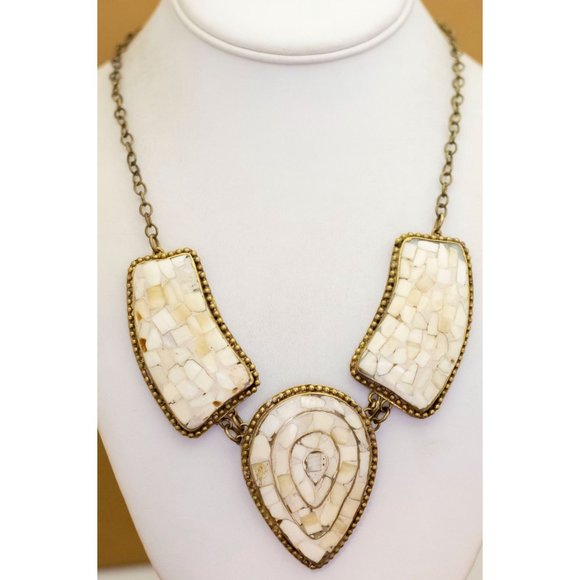 Vintage Stone & Brass Goddess Teardrop Unique Geometric Bib Necklace - U23 - Picture 2 of 3